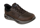 A brown Skechers walking shoe with dark brown laces, a dark brown suede and leather upper, and a gray and black sole, shown on a plain white background.