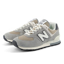 Gray New Balance sneakers with white laces on a white background