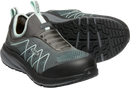 Gray and black athletic shoes with green accents on a white background