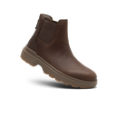 A dark brown leather ankle boot with a thick brown sole, shown floating at an angle against a plain white background.