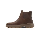 A brown leather Chelsea boot with a thick brown sole, shown in a side profile on a white background.