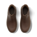 A pair of brown leather Chelsea boots shown from a top-down view on a white background.