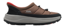 A Kizik hands-free footwear shoe in brown and black with a red interior lining and a thick gray and black sole, shown from a side profile on a white background.