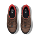 A pair of Kizik slip-on shoes shown from a top-down view on a white background. The shoes feature a brown quilted upper, a red inner collar lining, a black and gray midsole, and a black outsole.