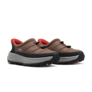 Brown and red shoes with Kizik branding on a black background