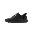 A black low-top sneaker with a chunky black sole, brown gum outsole, and silver metal eyelets, shown in a side profile on a white background.