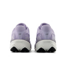 Pair of purple running shoes with white soles on a white background