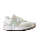 Sneaker with a white and beige design on a white background