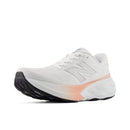 White running shoe with a black sole on a white background