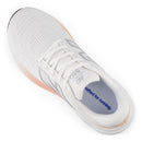 White running shoe with blue sole on a white background